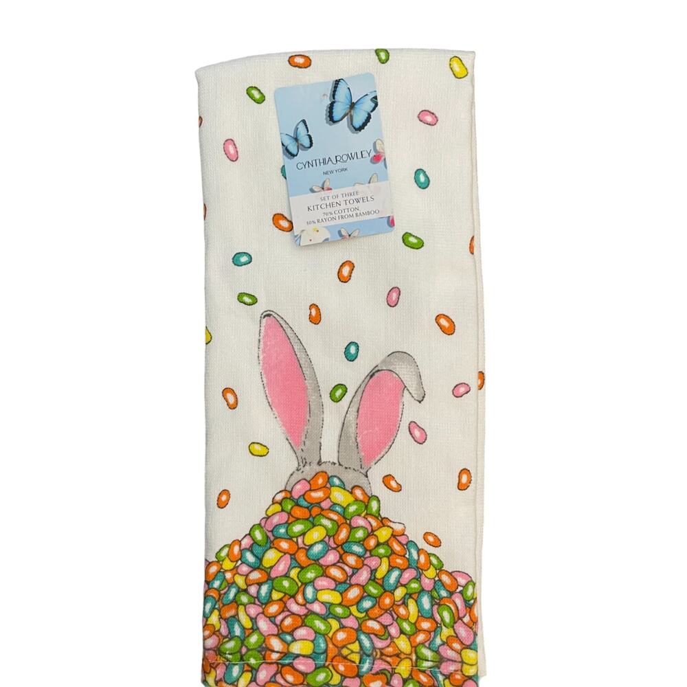 CYNTHIA ROWLEY Easter Bunny Rabbit Jellybean Spring Kitchen Towels Set of 3 NEW